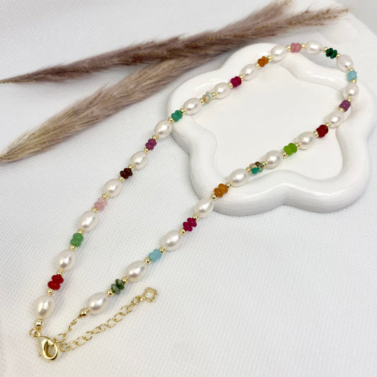 Natural Pearl & Gemstone Beaded Choker with 14K Gold-Filled Beads