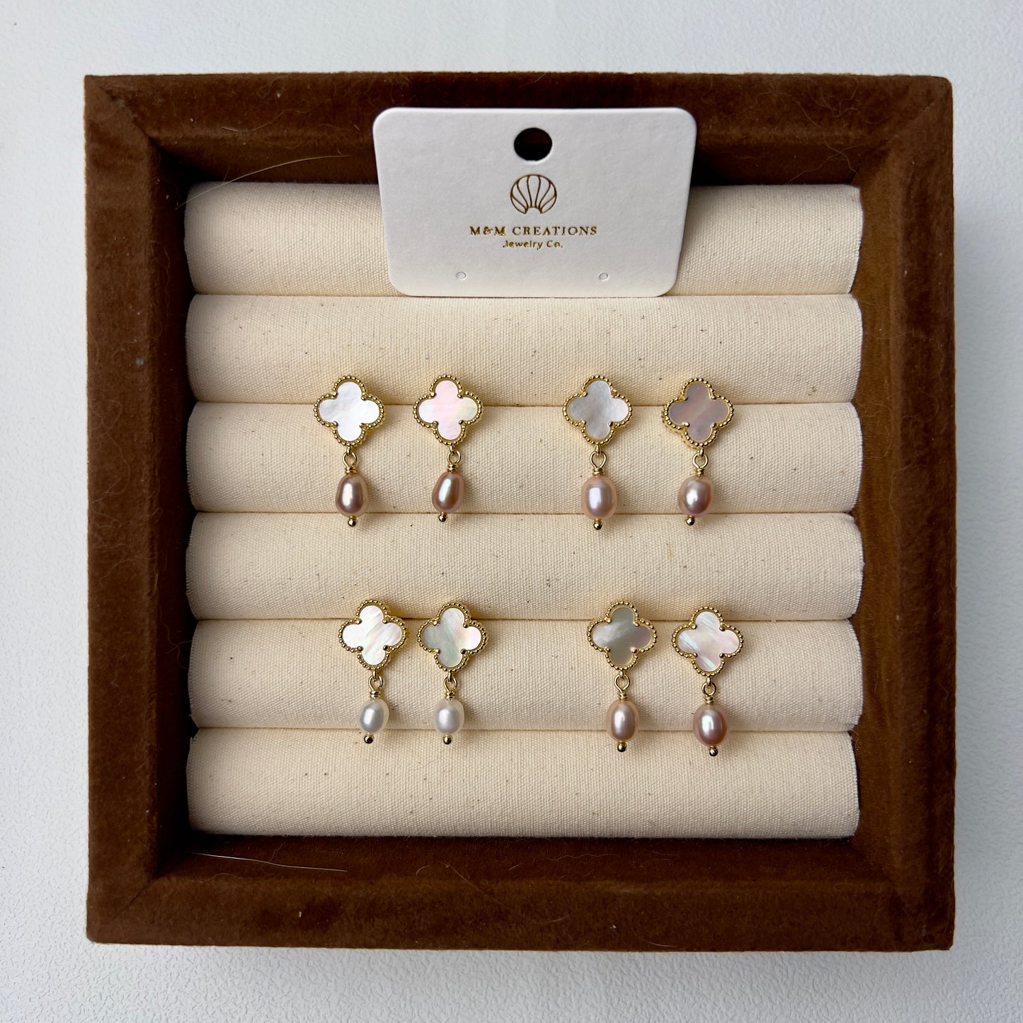 14K Gold-Plated Shell Four-Leaf Clover Ear Studs with Freshwater Pearl Drop