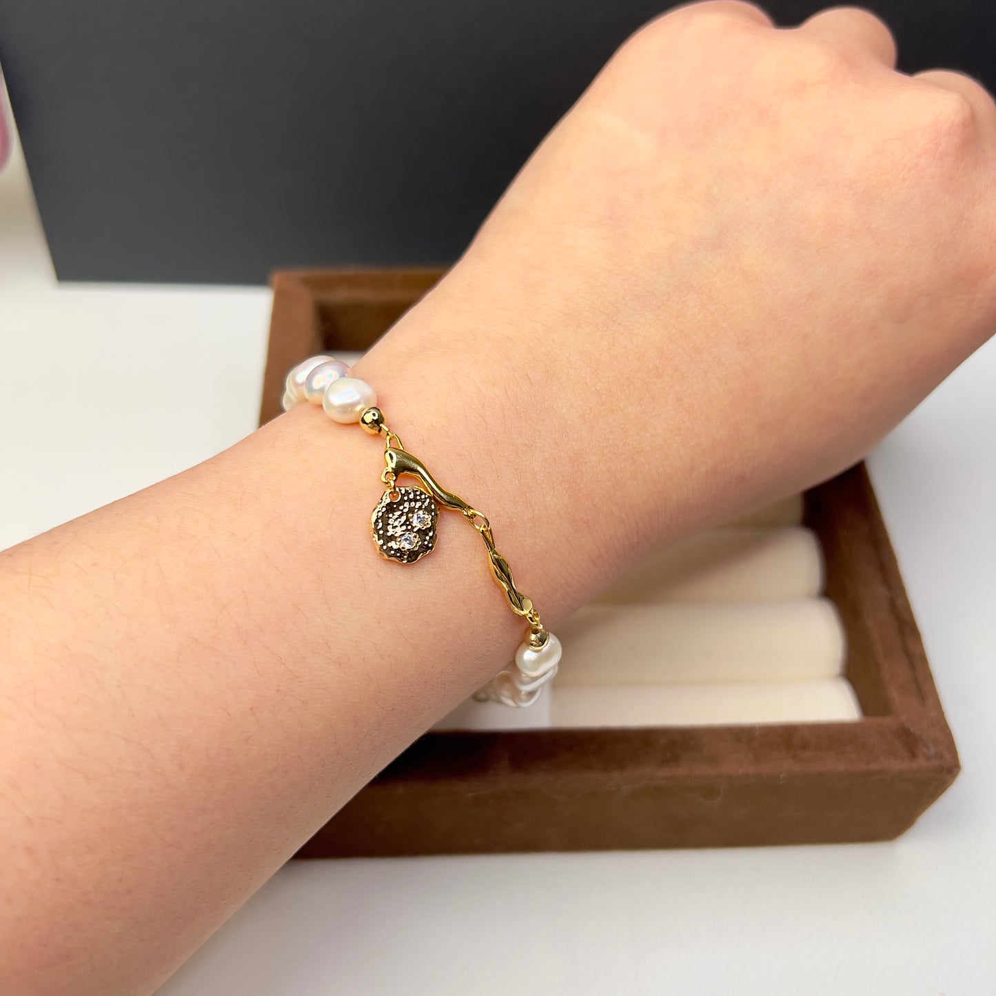 Handcrafted Natural Freshwater Pearl Bracelet with 14K Gold-Plated Accents