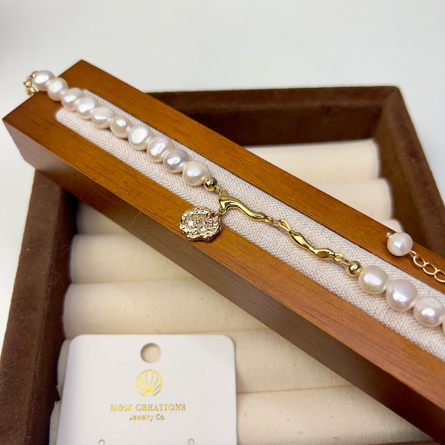 Handcrafted Natural Freshwater Pearl Bracelet with 14K Gold-Plated Accents